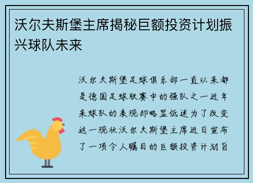 沃尔夫斯堡主席揭秘巨额投资计划振兴球队未来